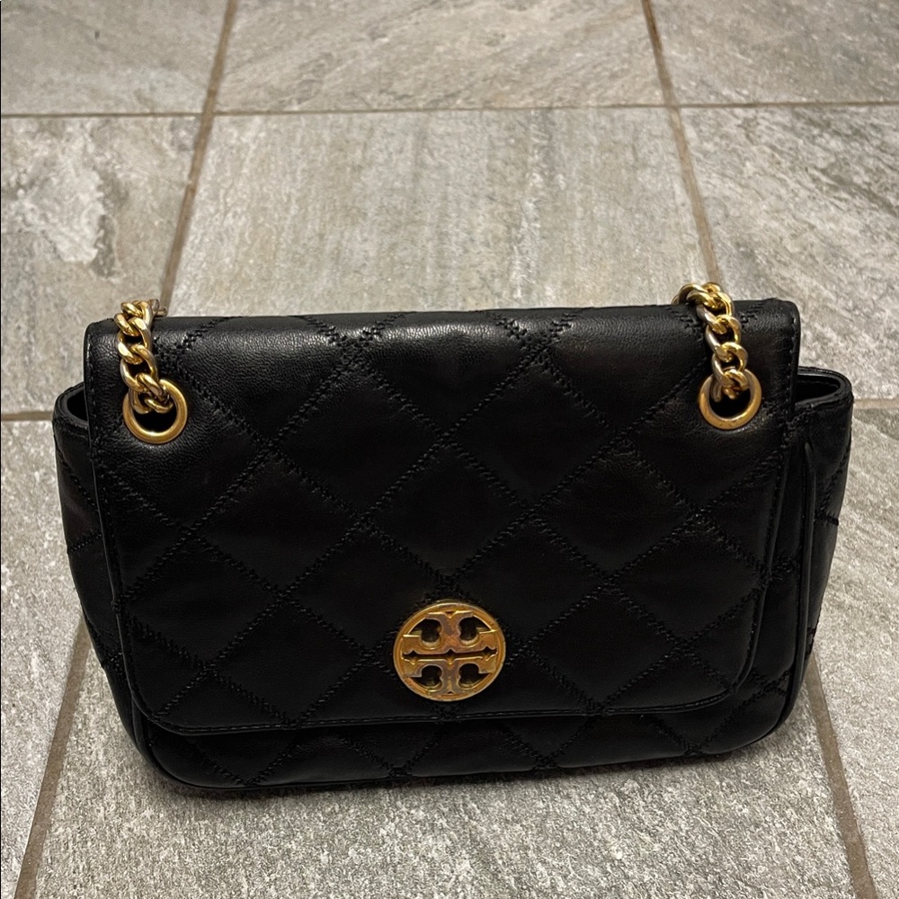 Tory Burch Black Quilted Shoulder Bag with Gold Accents